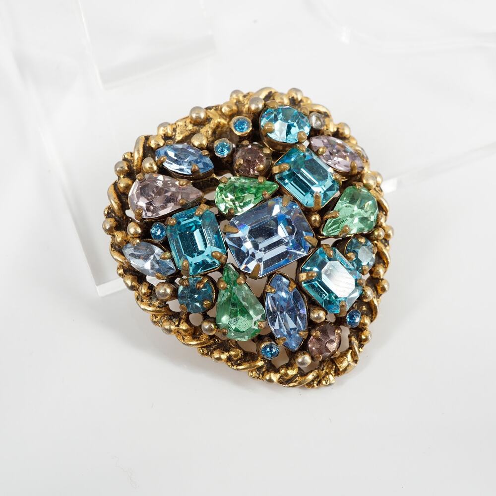 Vintage Barclay Rhinestone Brooch 1960s Mod Openwork Blue Green Gold-Tone